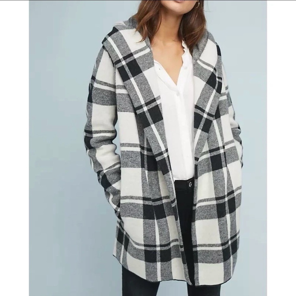 Anthropologie Fielel Flowers Wool Plaid Hooded Open Wrap Coat Jacket Cardigan XS
